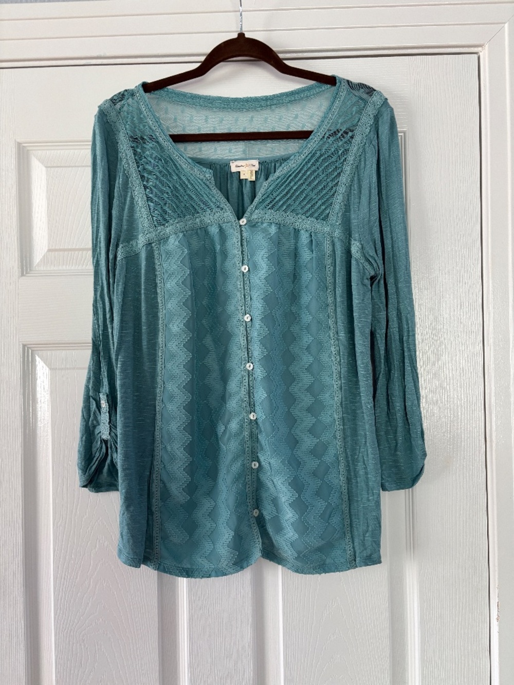 ANTHROPOLOGIE MEADOW RUE LONG SLEEVE GREEN BOHO LACE SLUB COTTON TOP XL